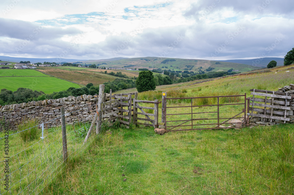 Walking Pennine way near Cumbria. The landscapes around Alston town, highest market settlement in England, selective focus