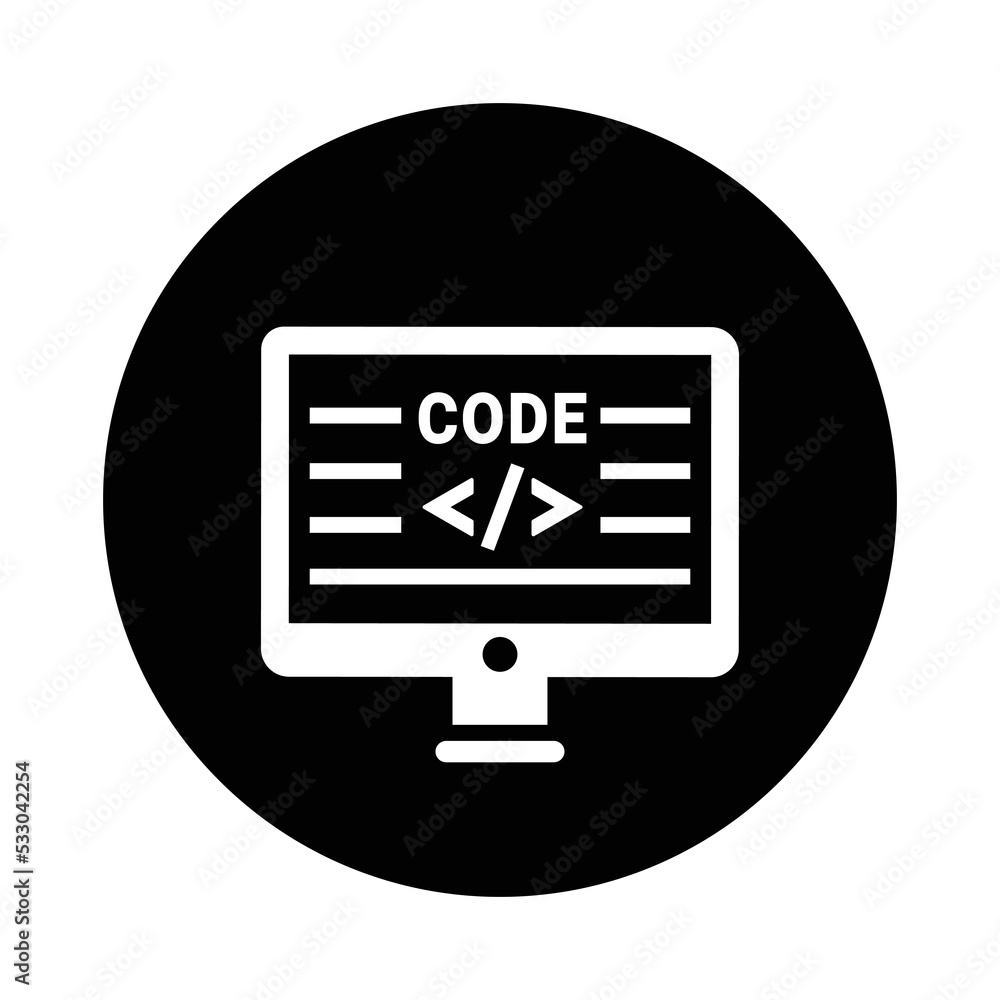 Computer, code, coding icon. Black vector graphics. Computer, code, coding icon. Black vector graphics.