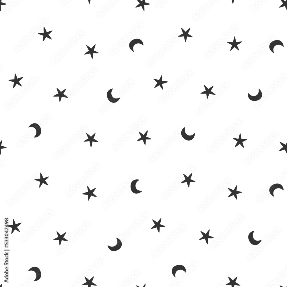 Hand drawn cute seamless simple pattern with stars and moons. Flat ...