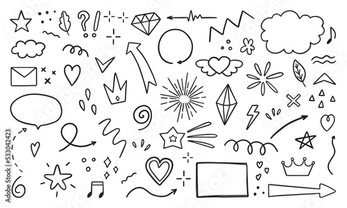 Hand drawn set of Abstract doodle elements. Arrows, heart, star, crown, signs and symbols in sketch style. Vector illustration isolated on white background