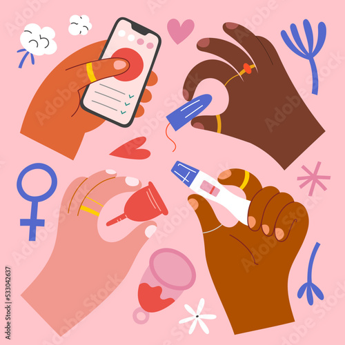 Feminine stickers, women hold menstrual cup, tampon, pregnancy test, smartphone , menstrual calendar application, app for menstruation periods, female hands, flowers, hand drawn vector illustrations
