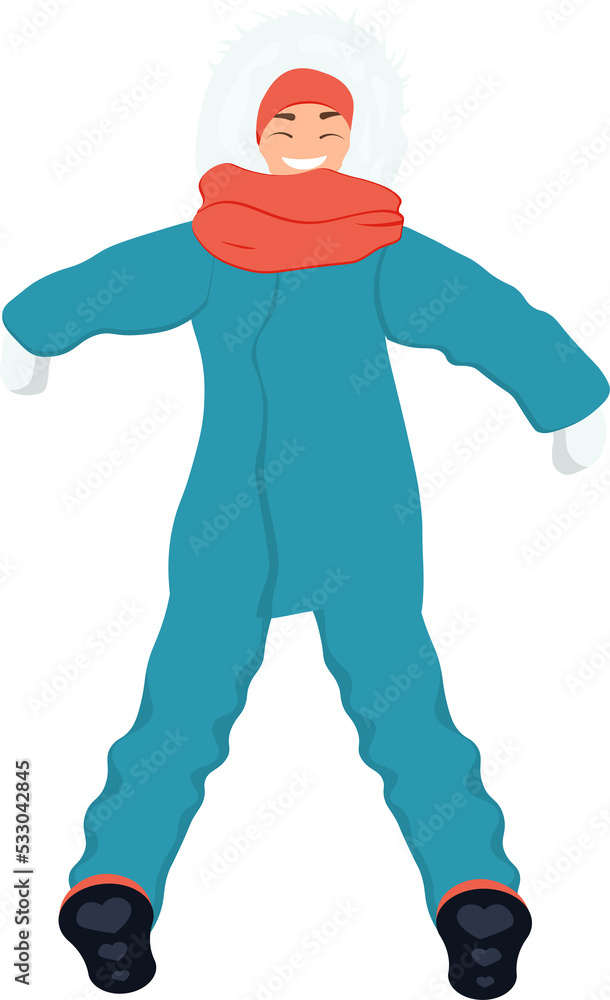 A woman lies on the snow in winter clothes.