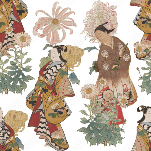 Oriental Vintage Pattern with asian women in kimono with chryzantems flowers and authentic things