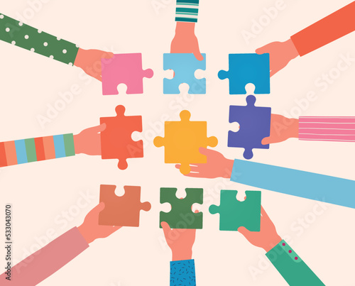 Pieces of puzzles in hands people, teamwork. People connect jigsaw, business problem solving, partnership.