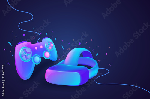 Neon game controller with virtual reality glasses to control computer and console games. Futuristic technology game concept in cartoon style.