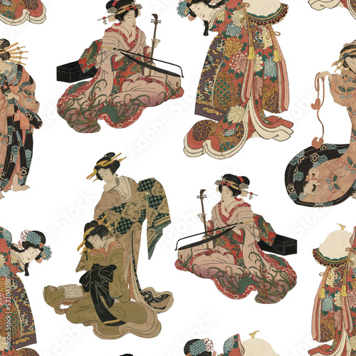 Oriental Vintage Pattern with asian women in kimono with music instruments and authentic things