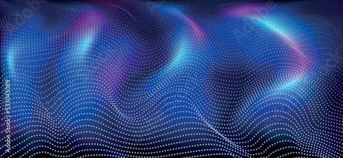 Abstract blue wavy background with flowing data flow particles and light effects. Digital background with moving dots, big data visualization.