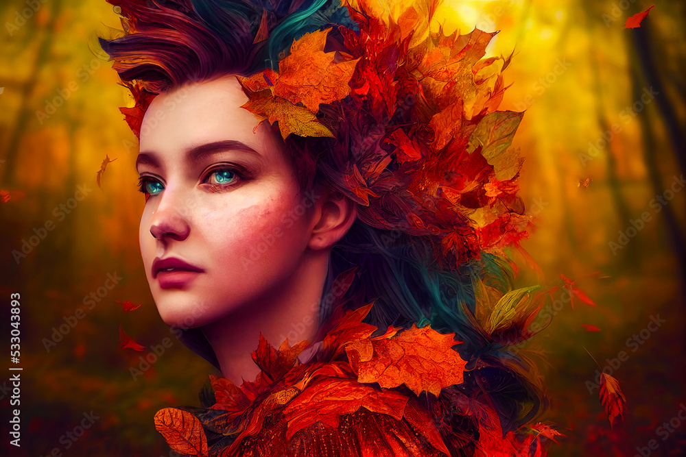 colourful autumn fairy in a forest, generative ai