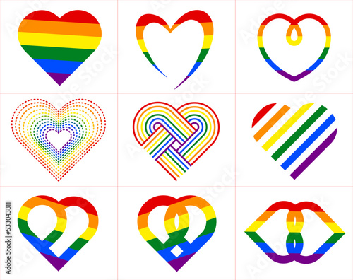 Vektor Herzen-Set aus Regenbogenfarben auf weißem Hintergrund.  Herzsymbole LGBT-Bewegung (Lesbian, Gay, Bisexual and Transgender).