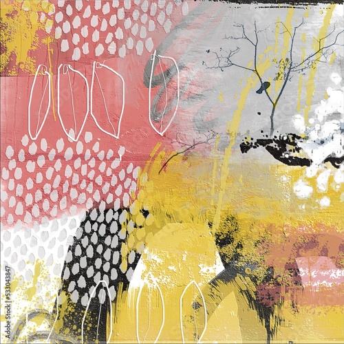 Fotografia Abstract painterly nature scene in pink and yellow with tree and bird