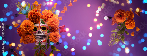 Dia De Los Muertos or Day of the Dead Celebration Banner with Empty Space. Scull Decorated with Marigold flower. Mexican Traditional Festive.