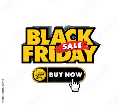 Black Friday buy now simple click button. Concept of client making easy decision or pre-order and online store or e-commerce. Flat cartoon vector on transparent background photo