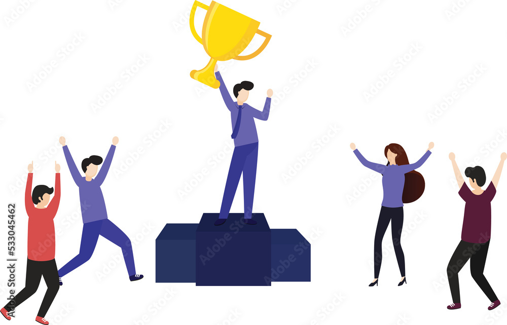 Fototapeta premium Businessman and business woman holding winning trophy. Victory concept.