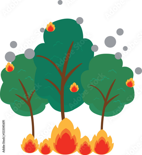 Forest fire. Wood plants in flame and smoke. Nature disaster cartoon illustration. 
