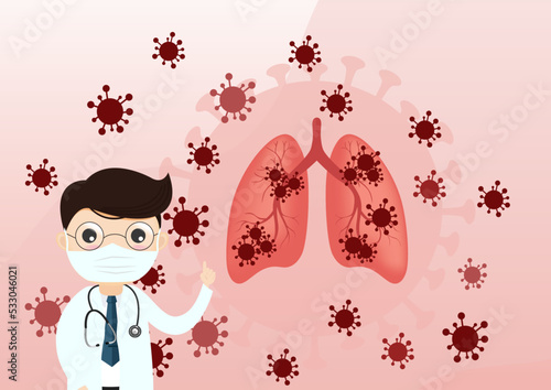 Coronavirus COVID-19. Doctor talks about virus. Infected lungs. Doctor and vaccine and virus.