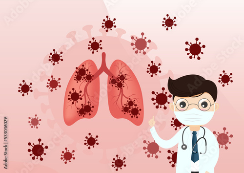 Coronavirus COVID-19. Doctor talks about virus. Infected lungs. Doctor and vaccine and virus.
