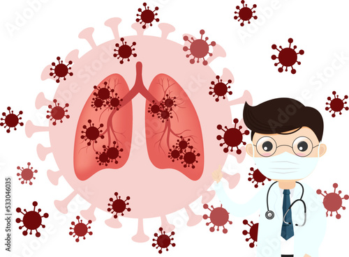 Coronavirus COVID-19. Doctor talks about virus. Infected lungs. Doctor and vaccine and virus.