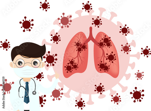 Coronavirus COVID-19. Doctor talks about virus. Infected lungs. Doctor and vaccine and virus.