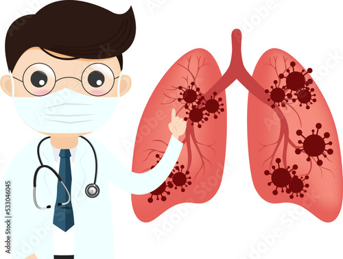 Coronavirus COVID-19. Doctor talks about virus. Infected lungs. Doctor and vaccine and virus.