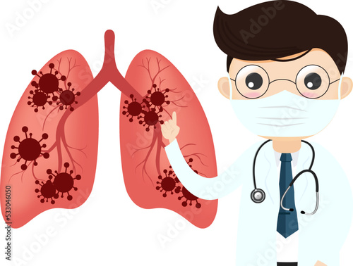 Coronavirus COVID-19. Doctor talks about virus. Infected lungs. Doctor and vaccine and virus.