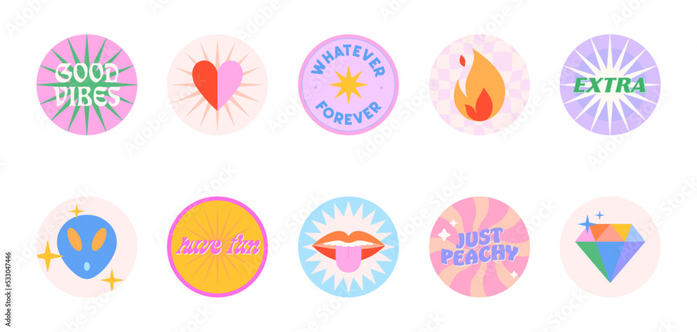 Bundle of insta highlights covers in 90s style.Fun cute patches and stickers.Modern IG icons or symbols in y2k aesthetic with text.Trendy groovy designs for social media marketing. Bundle of insta highlights covers in 90s style.Fun cute patches and stickers.Modern IG icons or symbols in y2k aesthetic with text.Trendy groovy designs for social media marketing.