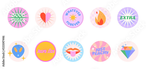 Bundle of insta highlights covers in 90s style.Fun cute patches and stickers.Modern IG icons or symbols in y2k aesthetic with text.Trendy groovy designs for social media marketing.