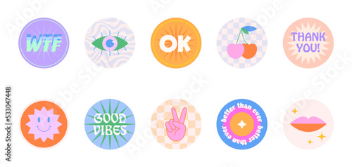 Bundle of insta highlights covers in 90s style.Fun cute patches and stickers.Modern IG icons or symbols in y2k aesthetic with text.Trendy groovy designs for social media marketing.