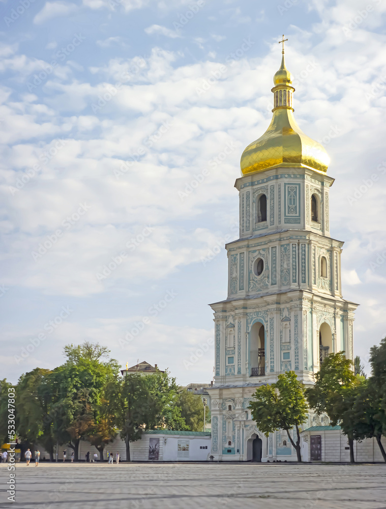 Bell tower and Saint Sophia's Cathedral shot dusk Kiev, Ukraine. Kievan Rus. Symbol of the Christian Ukrainian Orthodox Church
