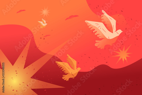 Flying singed pigeons against a background of red sky and explosions, a metaphor for ptsd among civilians after the war.