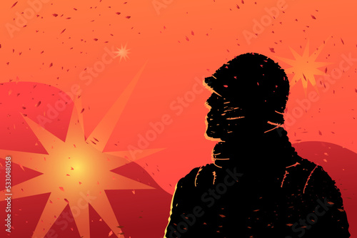 The black silhouette of a soldier against a background of red sky and explosions is a metaphor for post-traumatic disorder in the military after participating in combat conflicts.