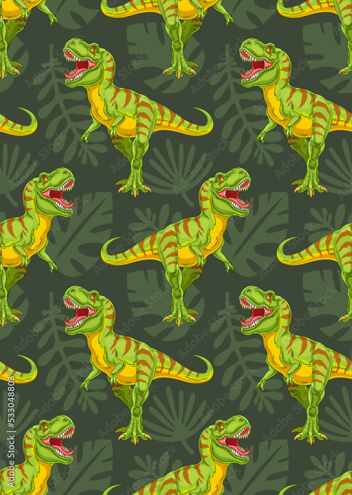 Obraz premium Cartoon tyrannosaurus with palm leaves. Vector seamless pattern