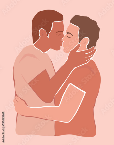 Two men hugging and kissing. A gay couple. Vector graphics.