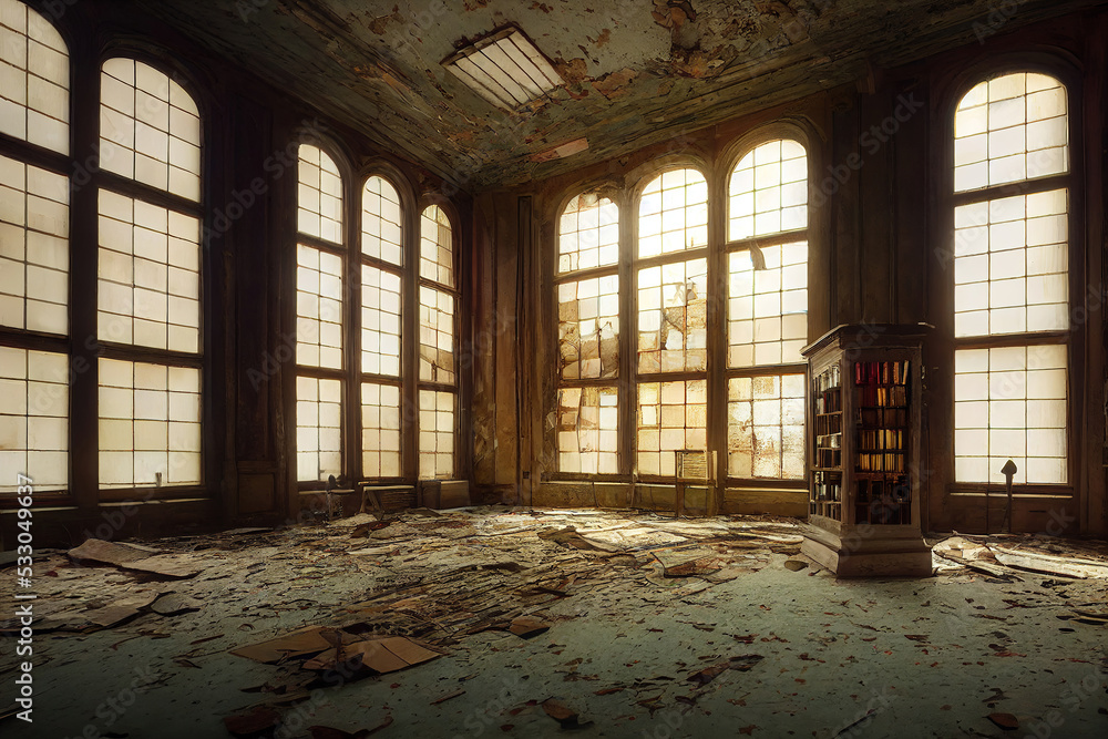 Interior of a beautiful abandoned victorian library, architecture background, 3d render, 3d illustration Interior of a beautiful abandoned victorian library, architecture background, 3d render, 3d illustration