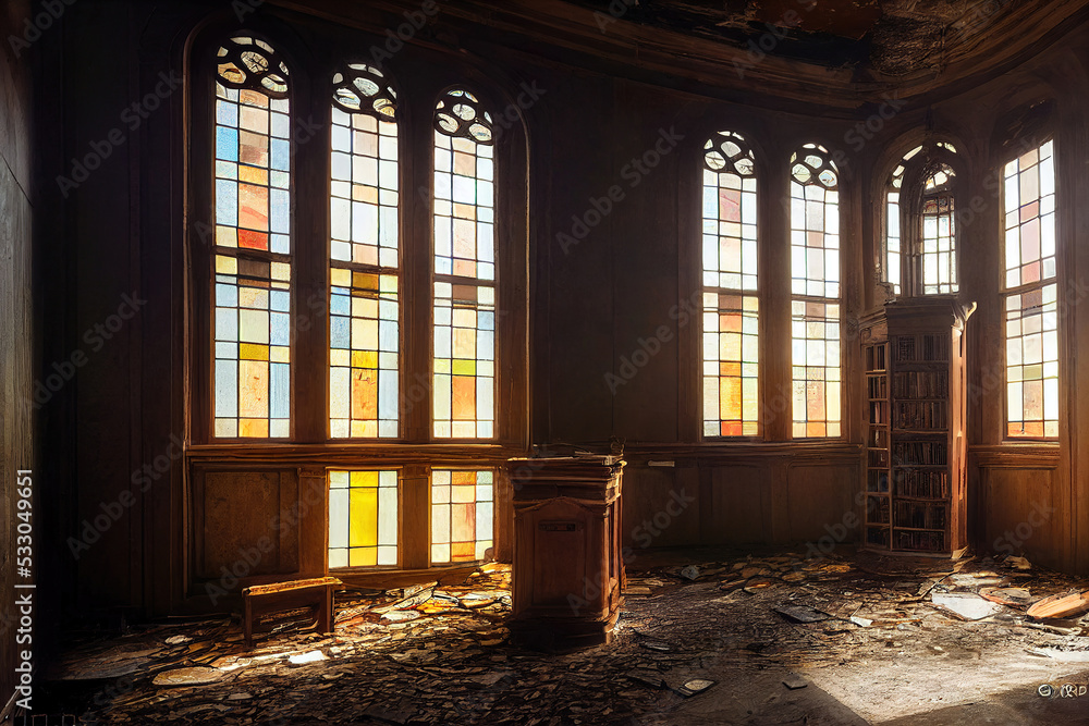 Fototapeta premium Interior of a beautiful abandoned victorian library, architecture background, 3d render, 3d illustration