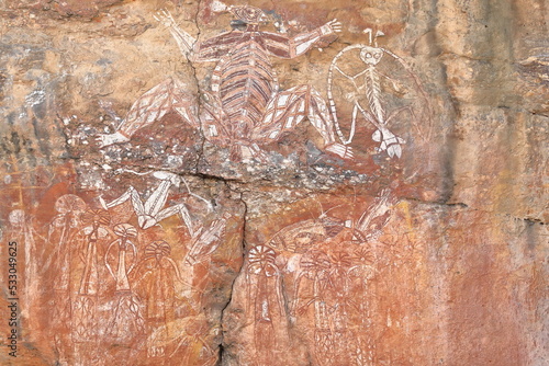 Aboriginal rock art: Ancestral beings Namandjolk-Namarrkon-Barrkinj in Anbangbang Gallery. Burrungkuy-Australia-206