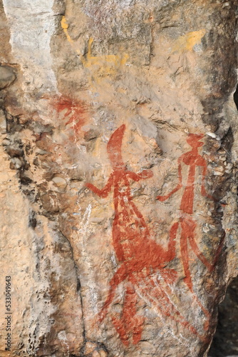 Aboriginal rock art: red goanna lizard and woman in X-ray style. Anbangbang Gallery-Burrungkuy-Australia-208