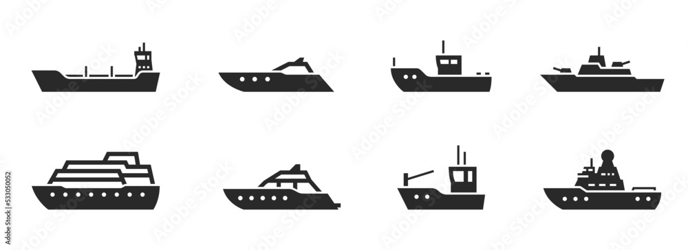 ship and boat icon set. water transport, vessels for sea travel and transportation ship and boat icon set. water transport, vessels for sea travel and transportation