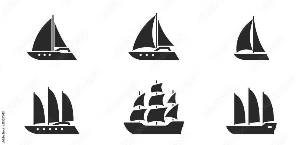 sailing ship icon set. sail vessels for sea travel. isolated vector images - obrazy, fototapety, plakaty 