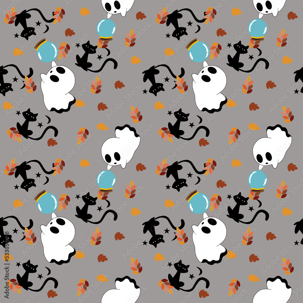 The Halloween seamless pattern, the ghost sheet who is looking at a blue crystal ball for fortune tellers, back cat and autumn color leaves.
The Halloween seamless pattern, the ghost sheet who is looking at a blue crystal ball for fortune tellers, back cat and autumn color leaves.