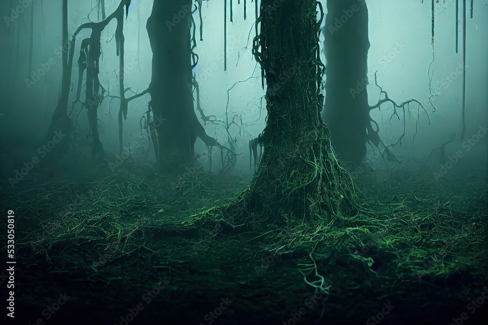 A beautiful and eerie green swamp environment. Digital 3D illustration made to look like photography with no reference - obrazy, fototapety, plakaty 