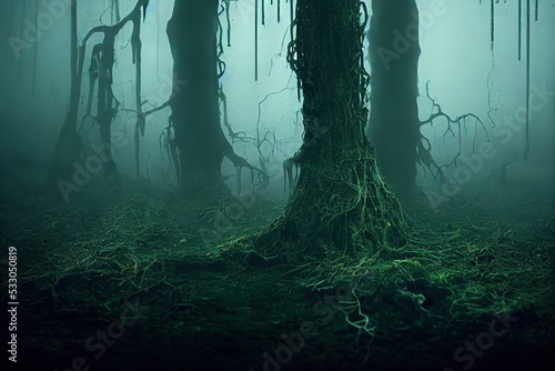 Fotografia Generative AI A beautiful and eerie green swamp environment
