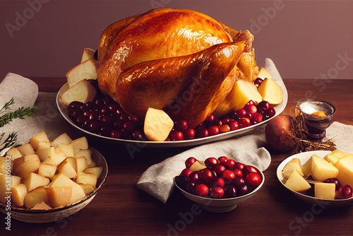 A fresh-cooked turkey dinner for the Thanksgiving holiday with all the fixins - cranberries, potatoes, and more. photo