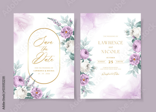 Beautiful floral wedding invitation template set with purple roses and leaves decoration