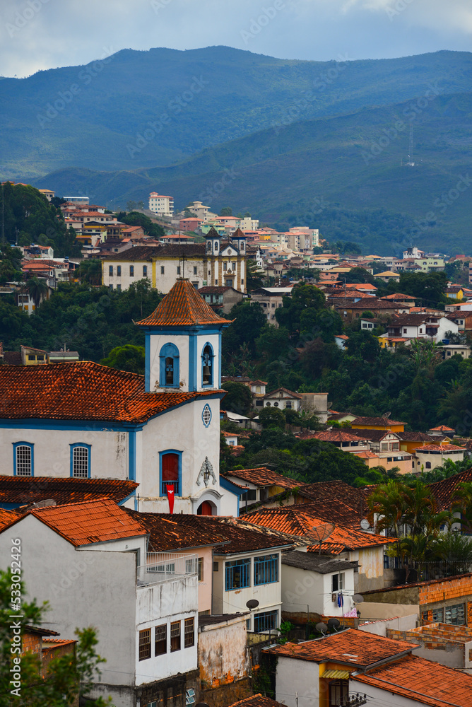 A high-angle view of the historic town of Mariana, Minas Gerais state, Brazil