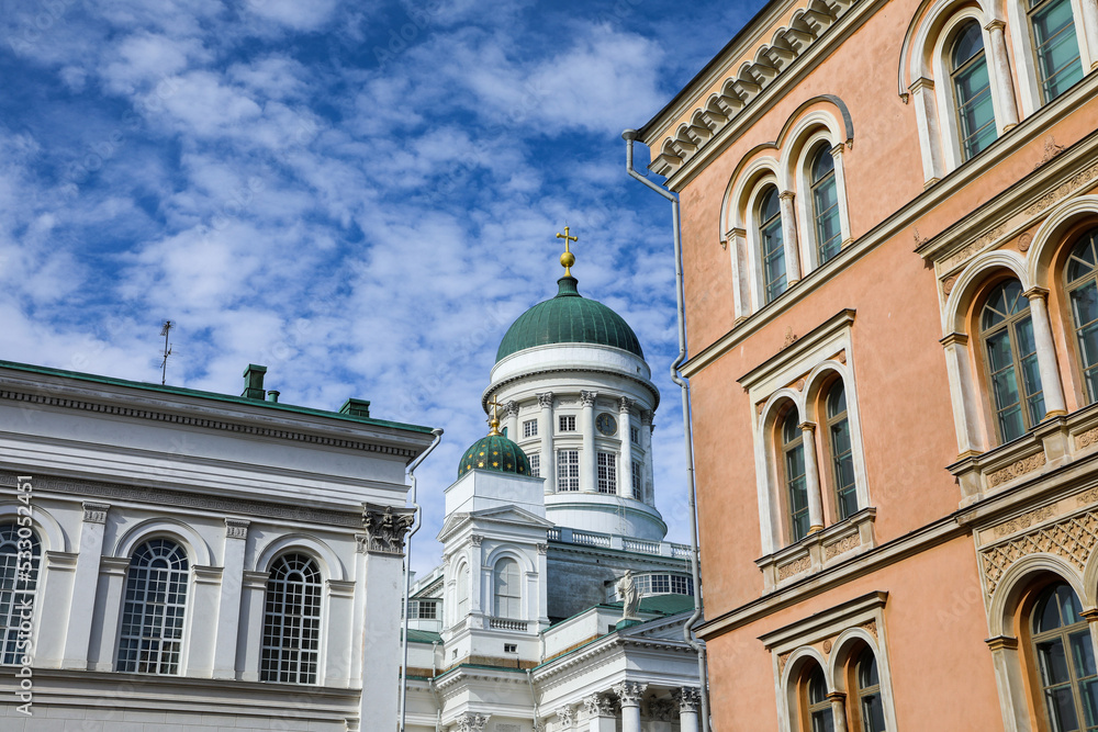 View of the beautiful Helsinki Cathedral through colorful buildings