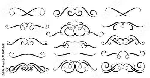 Vintage swirl ornament line flourish set. Filigree calligraphic ornamental curls. Decorative retro design element for menu, wedding invatation card, label prise tag. Text divider, certificate diploma