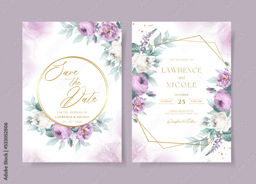 Beautiful floral wedding invitation template set with purple roses and leaves decoration