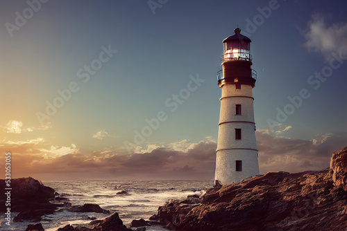 Lighthouse standing on a cliff next to the ocean, beautiful landscape background, 3d render, 3d illustration
