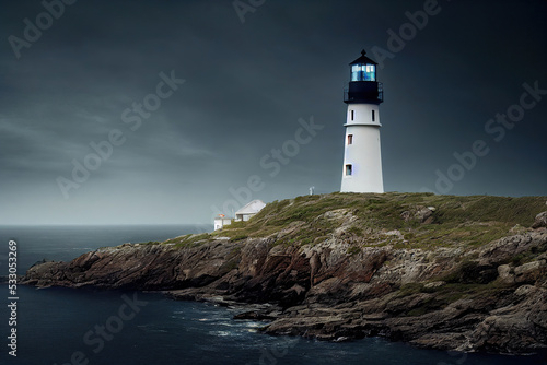 Lighthouse standing on a cliff next to the ocean, beautiful landscape background, 3d render, 3d illustration © Gbor
