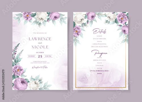 Beautiful floral wedding invitation template set with purple roses and leaves decoration